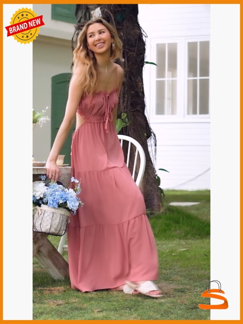 Spaghetti Strap Maxi Dress Side Cut Out Sleeveless Long Boho Backless - Picture 7 of 7